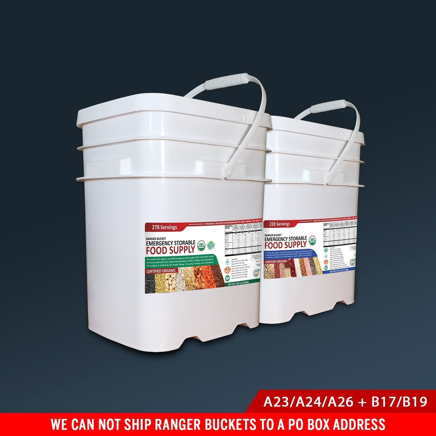 (536 Servings) Ranger Bucket Set - Organic Emergency Storable Food Supply (A23/A24/A26 + B17/B19) Health Ranger Select Brighteon Store 