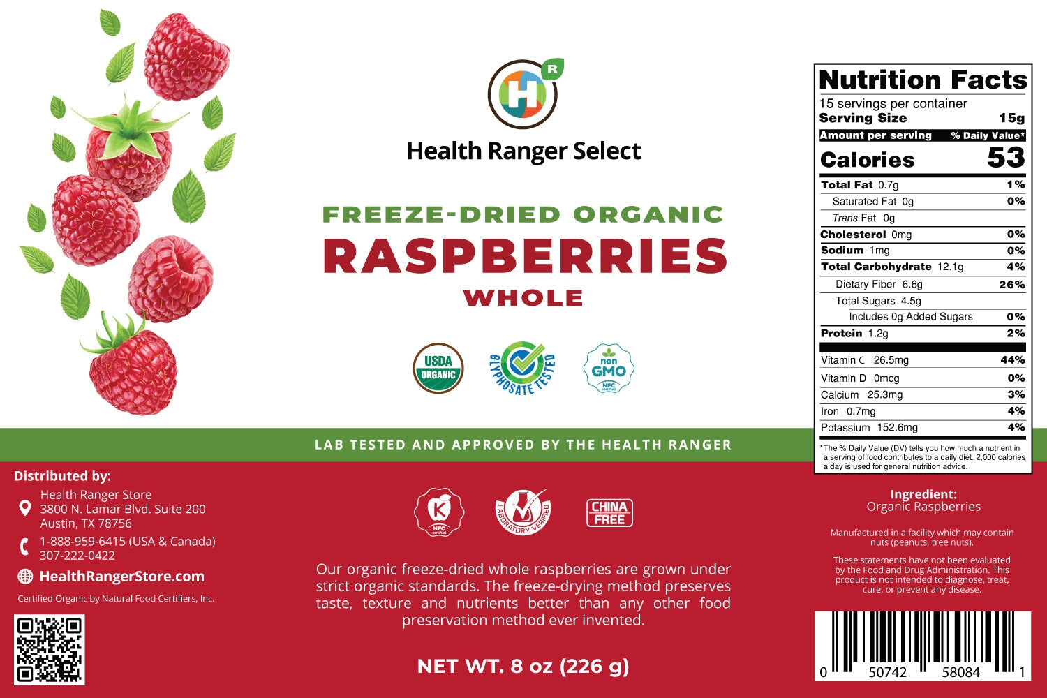 Freeze-Dried Organic Whole Raspberries (8oz, #10 Can) (2-Pack) Freeze Dried Organics Brighteon Store 