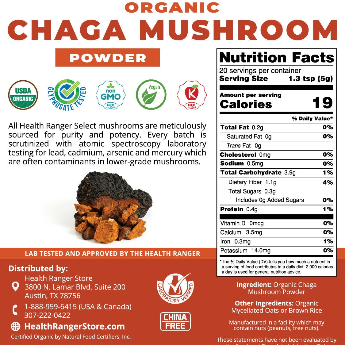 Organic Chaga Mushroom Powder 100g Specialty Mushrooms Brighteon Store 