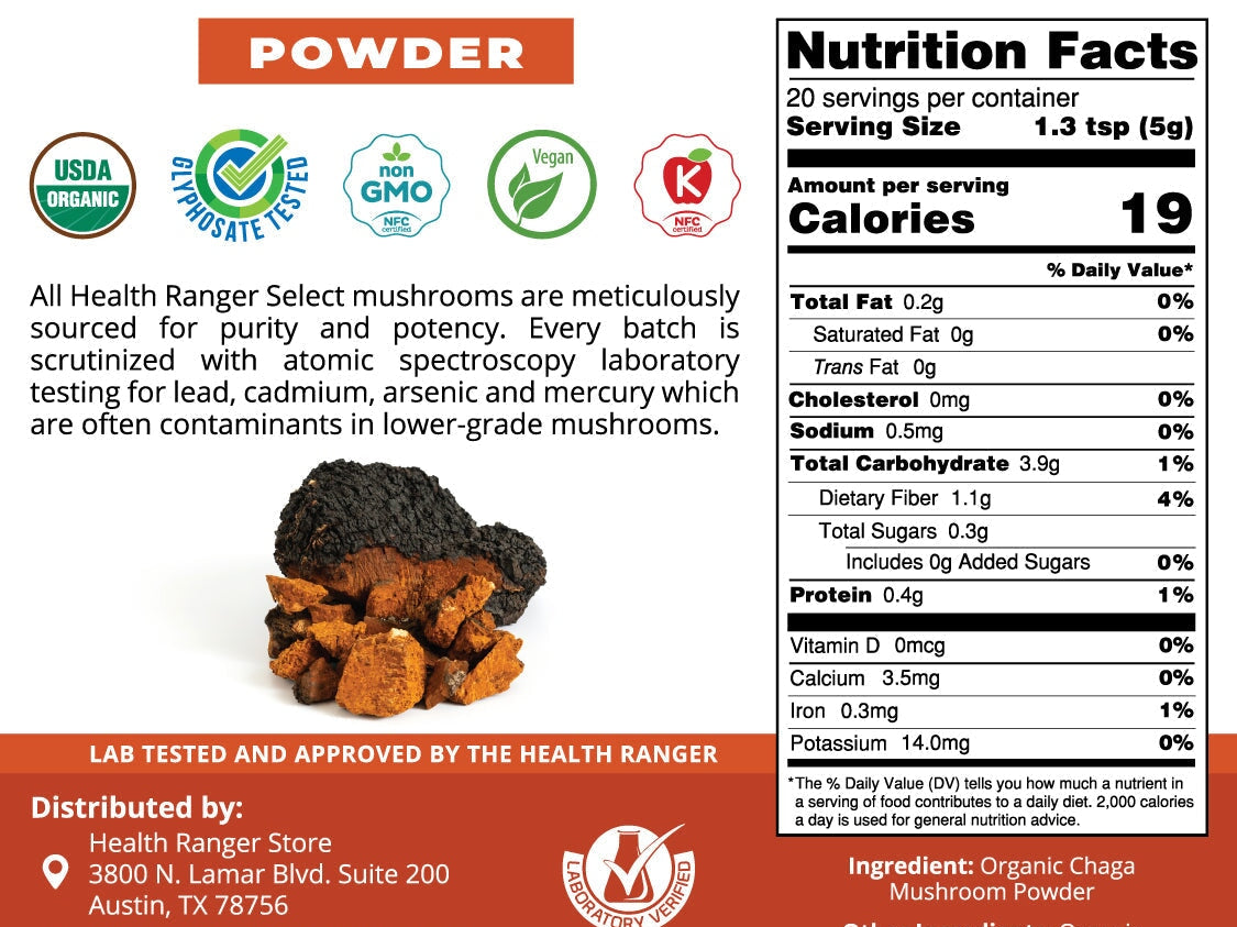 Organic Chaga Mushroom Powder 100g Specialty Mushrooms Brighteon Store 