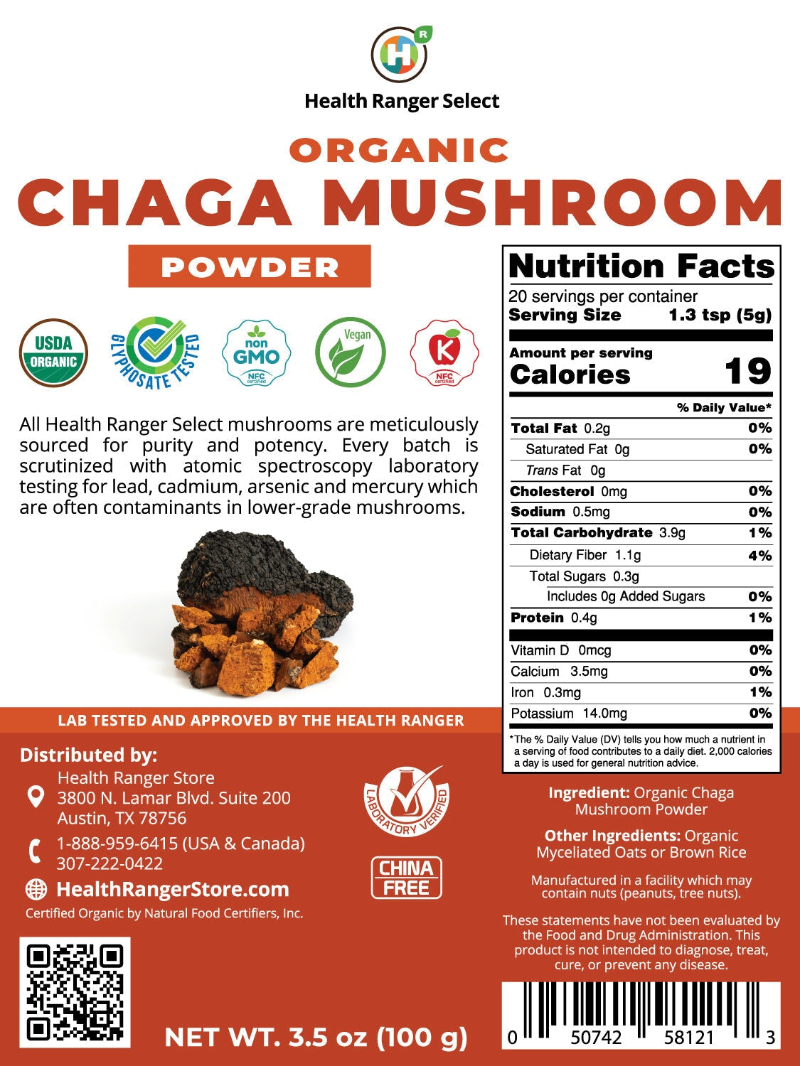 Organic Chaga Mushroom Powder 100g Specialty Mushrooms Brighteon Store 