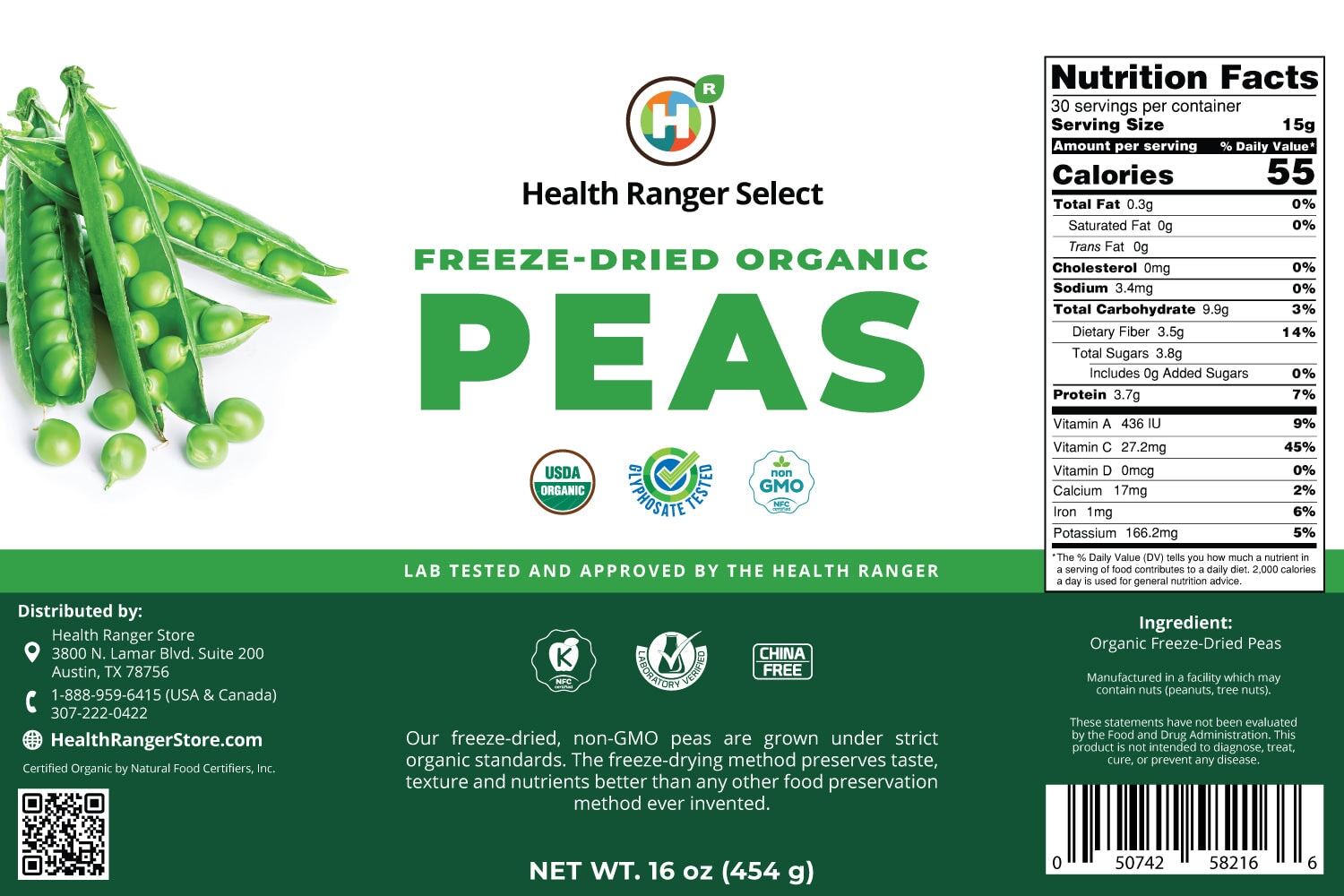 Freeze Dried Organic Peas (16oz, #10 can) 454g (2-Pack) Freeze Dried Organics Brighteon Store 