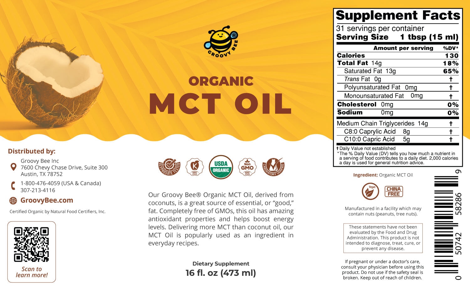 Groovy Bee® Organic MCT Oil 16 fl oz (473ml) New Arrivals Brighteon Store 