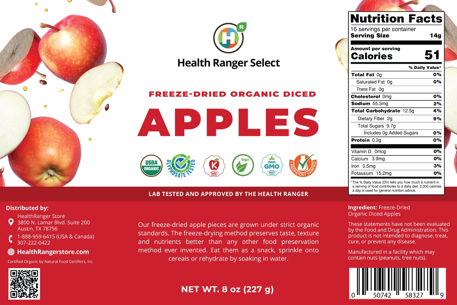 Freeze Dried Organic Apple 3/8 Diced (8oz, #10 can) (2-Pack) Health Ranger Select Brighteon Store 