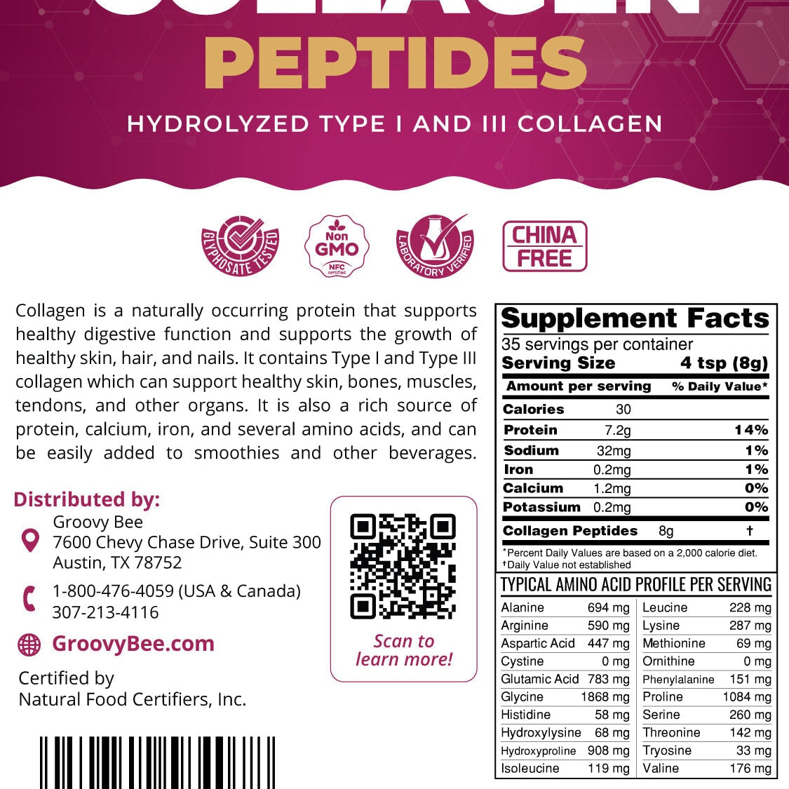 Groovy Bee® Collagen Peptides - Hydrolyzed Type I and III Collagen 10oz (283g) Collagen Brighteon Store 