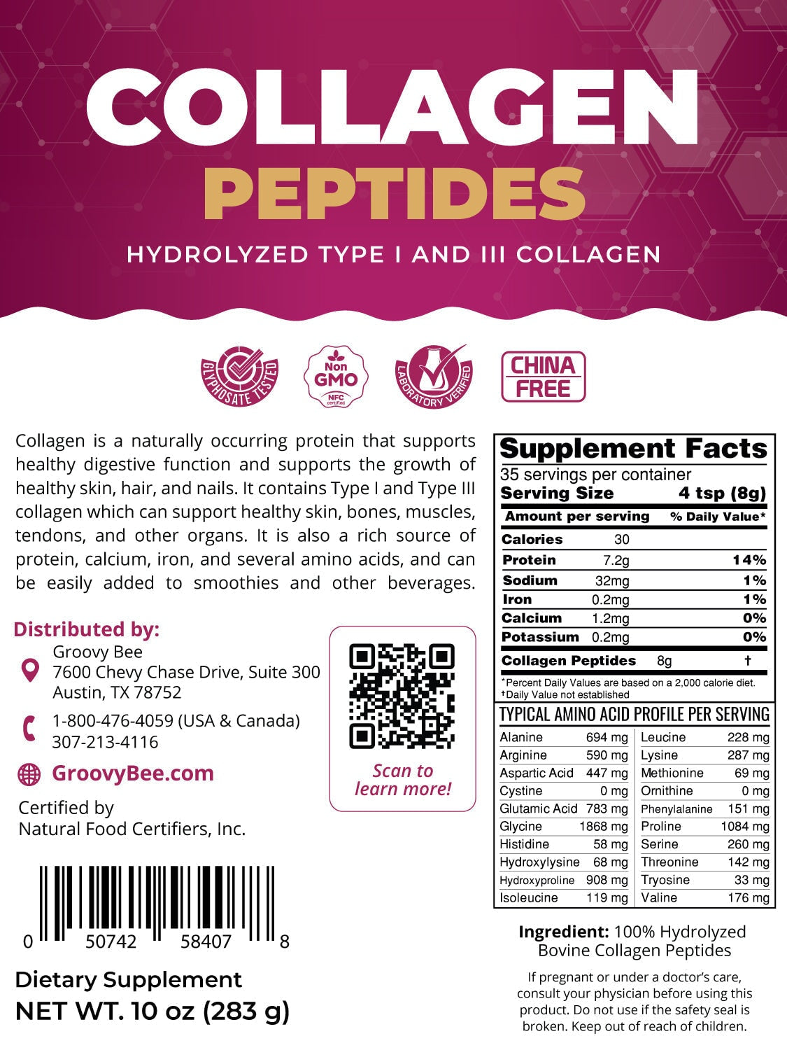 Groovy Bee® Collagen Peptides - Hydrolyzed Type I and III Collagen 10oz (283g) Collagen Brighteon Store 