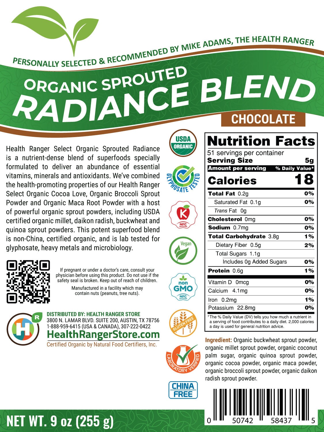 Health Ranger Select Organic Sprouted Radiance Blend (Chocolate) 9oz (255g) New Arrivals Brighteon Store 