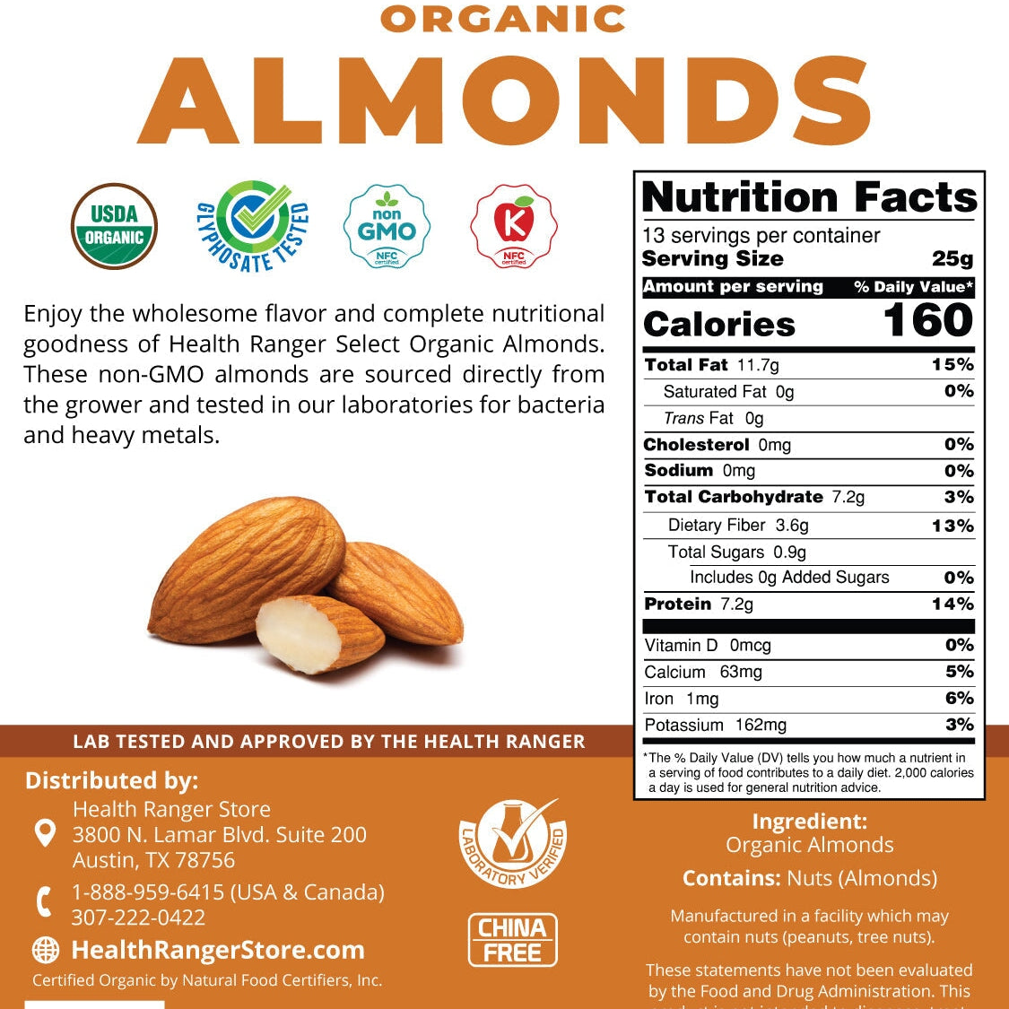 Organic Almonds 12oz (340g) Nuts and Seeds Brighteon Store 