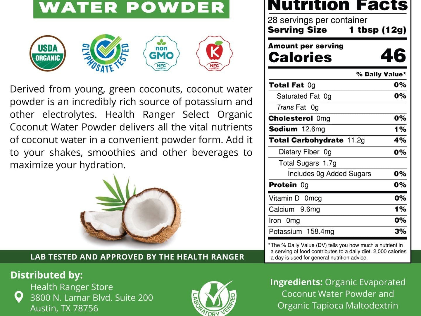 Organic Coconut Water Powder 12oz (340g) Beverages and Teas Brighteon Store 