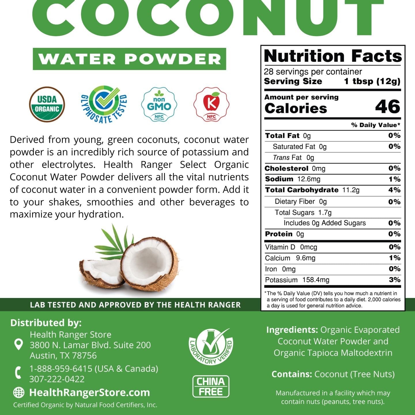 Organic Coconut Water Powder 12oz (340g) Beverages and Teas Brighteon Store 