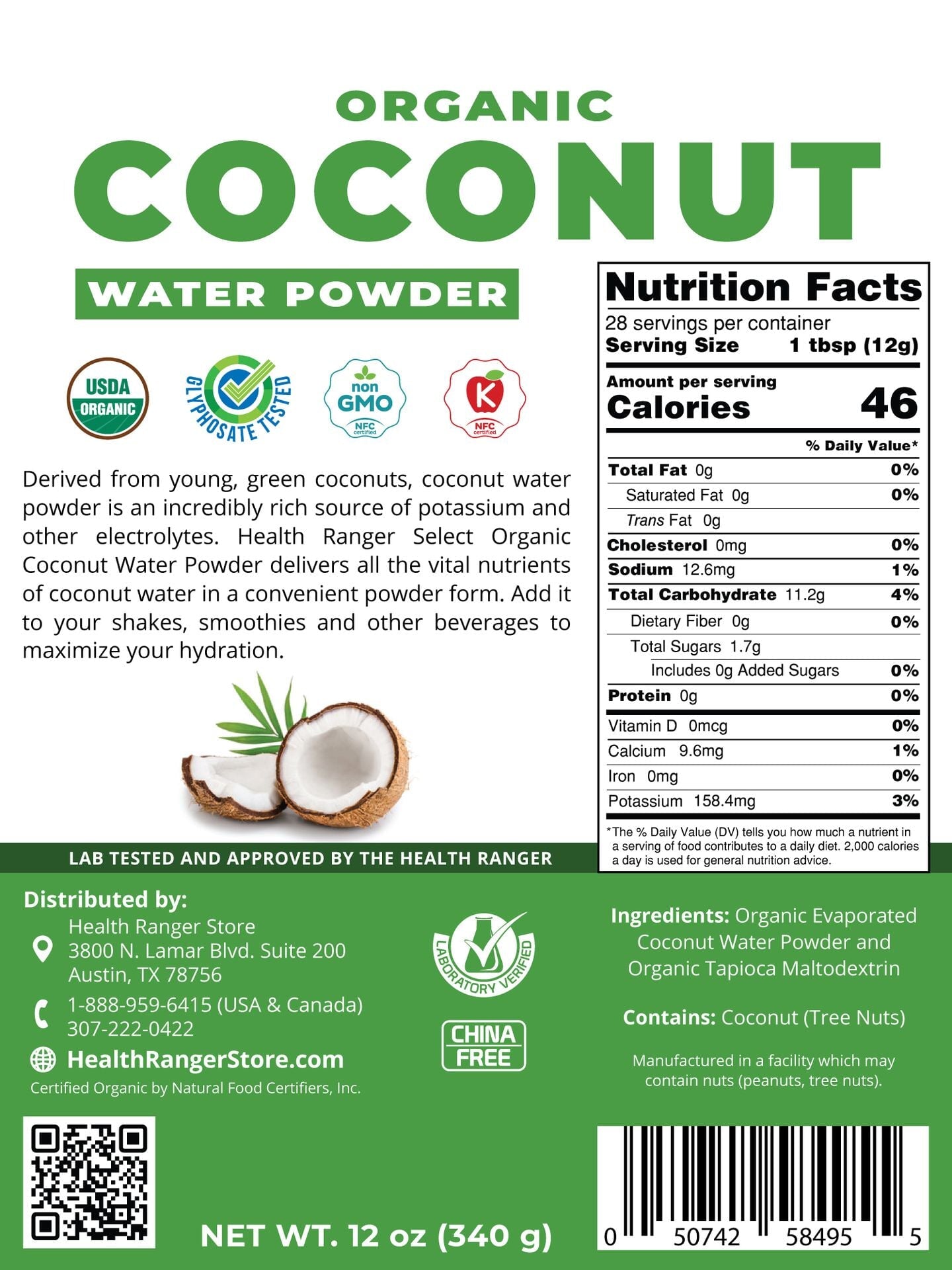 Organic Coconut Water Powder 12oz (340g) Beverages and Teas Brighteon Store 