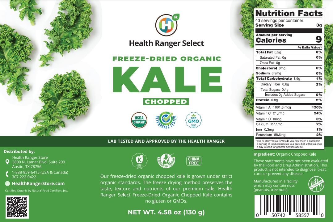 Freeze-Dried Organic Chopped Kale 4.58 oz (130g) (10# CAN) (2-Pack) Freeze Dried Organics Brighteon Store 