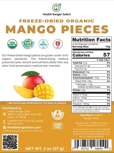 Organic Freeze-Dried Mango Pieces 2 oz (57g) Freeze Dried Organics Brighteon Store 