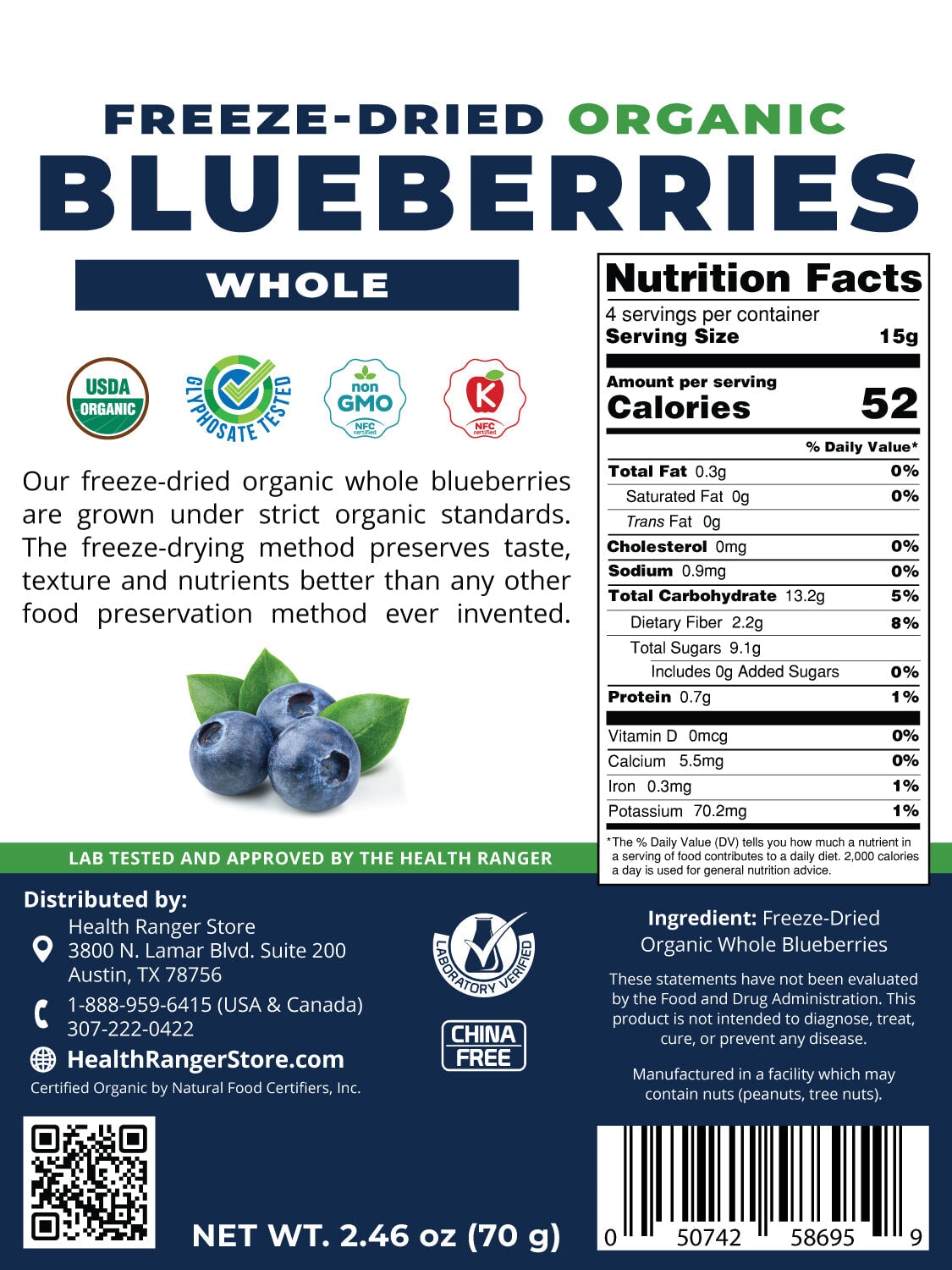 Freeze-Dried Organic Whole Blueberries 2.46 oz (70g) Freeze Dried Organics Brighteon Store 