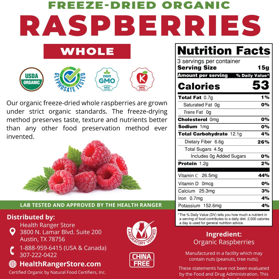 Organic Freeze-Dried Whole Raspberries 1.7 oz (48g) Freeze Dried Organics Brighteon Store 