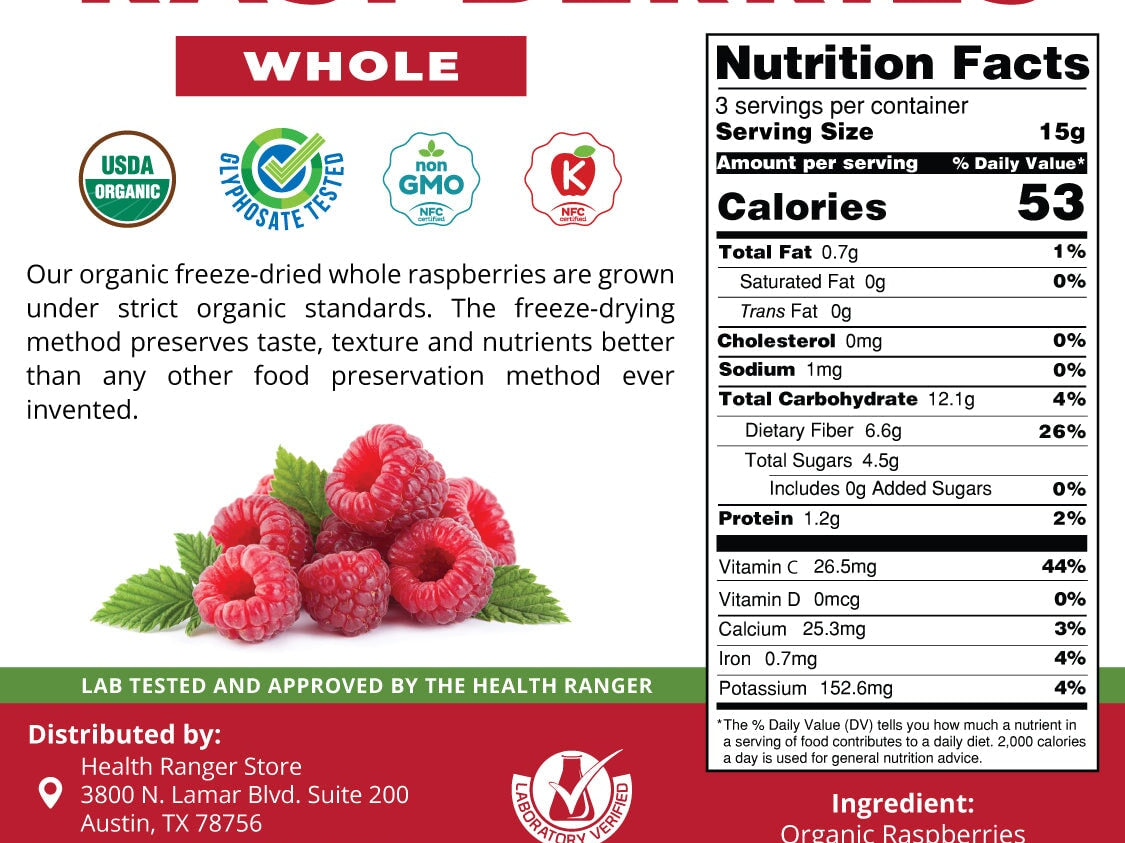 Organic Freeze-Dried Whole Raspberries 1.7 oz (48g) Freeze Dried Organics Brighteon Store 