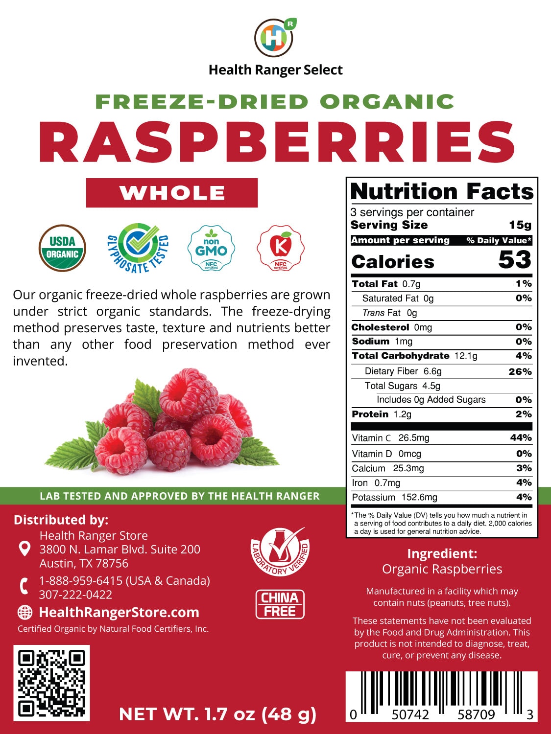 Organic Freeze-Dried Whole Raspberries 1.7 oz (48g) Freeze Dried Organics Brighteon Store 