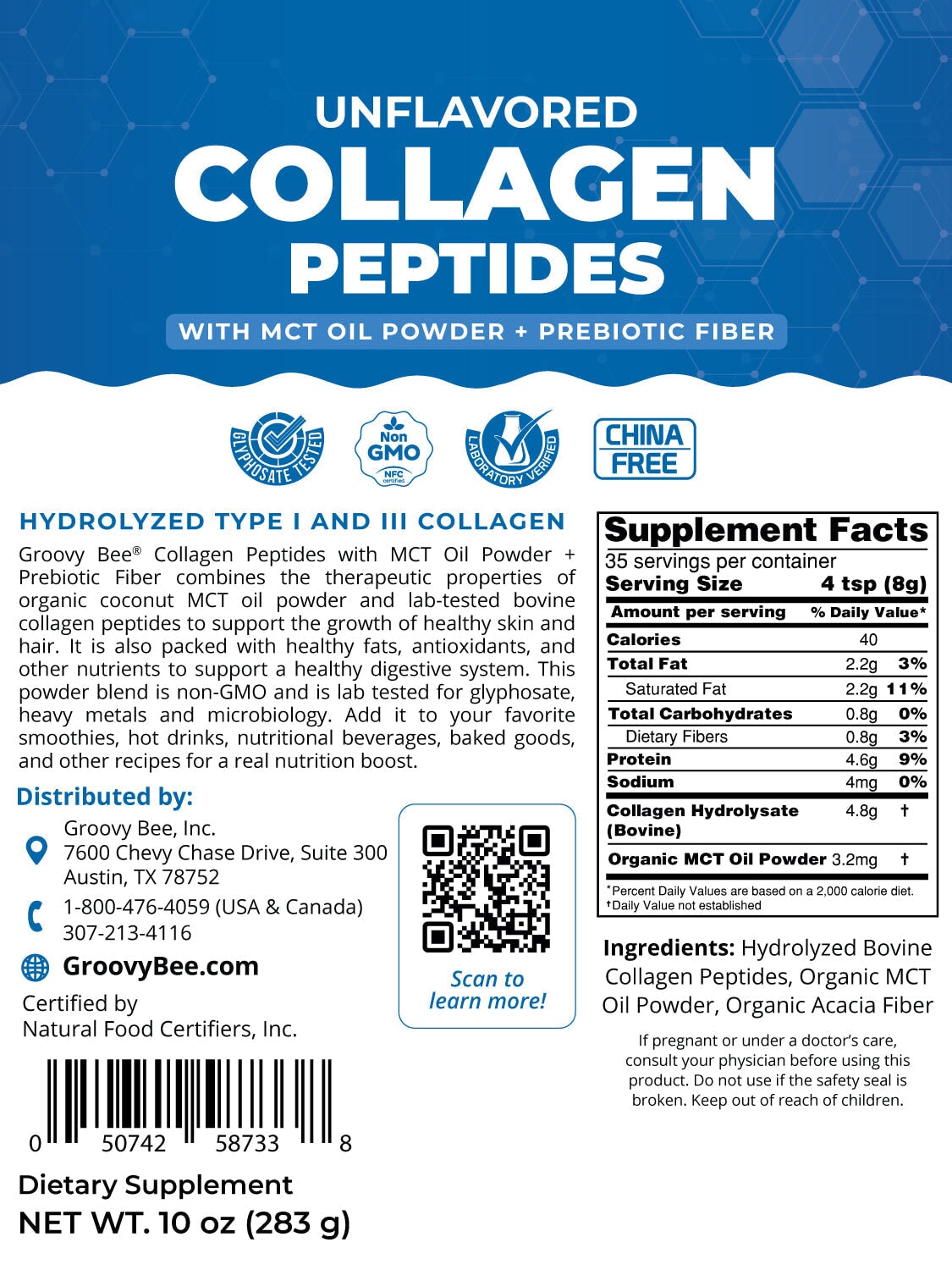 Collagen Peptides + MCT Oil Powder + Prebiotic Fiber - Unflavored 10 oz (283g) Supplements Brighteon Store 