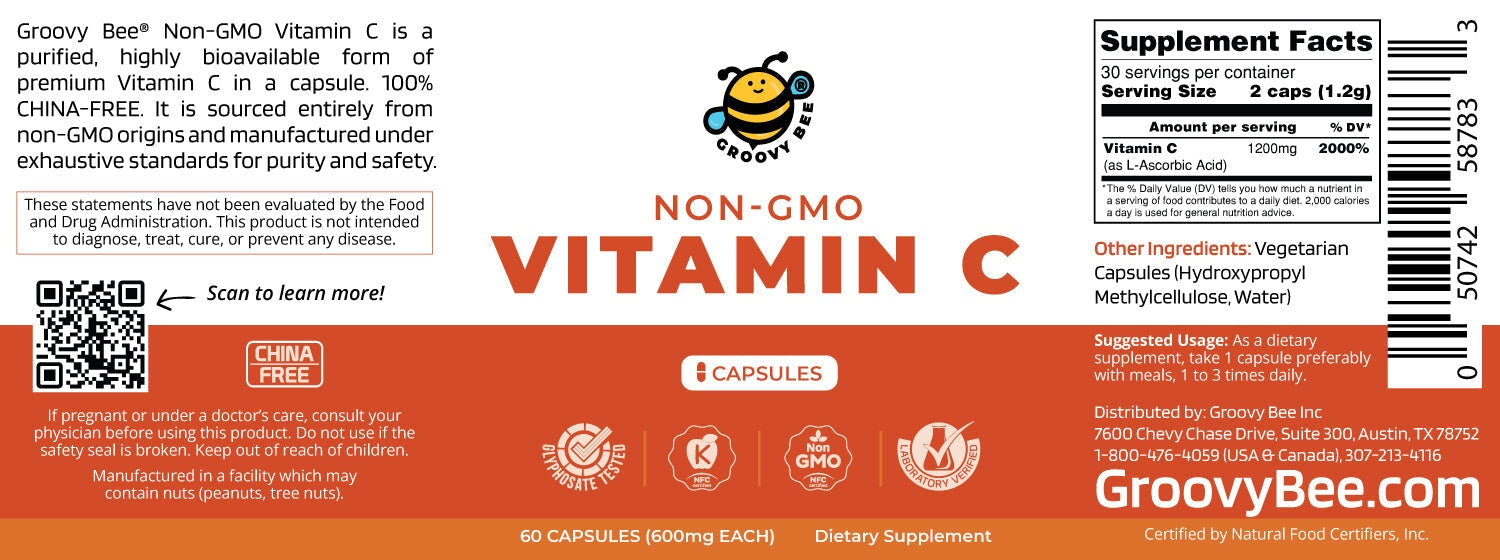 Non-GMO Vitamin C 60 caps (600mg each) Supplements Brighteon Store 