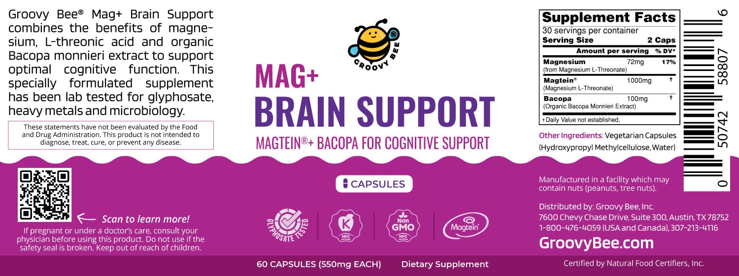 Mag+ Brain Boost Nootropic (Magtein + Bacopa for Cognitive Performance) 60 Capsules (550mg Each) Supplements Brighteon Store 