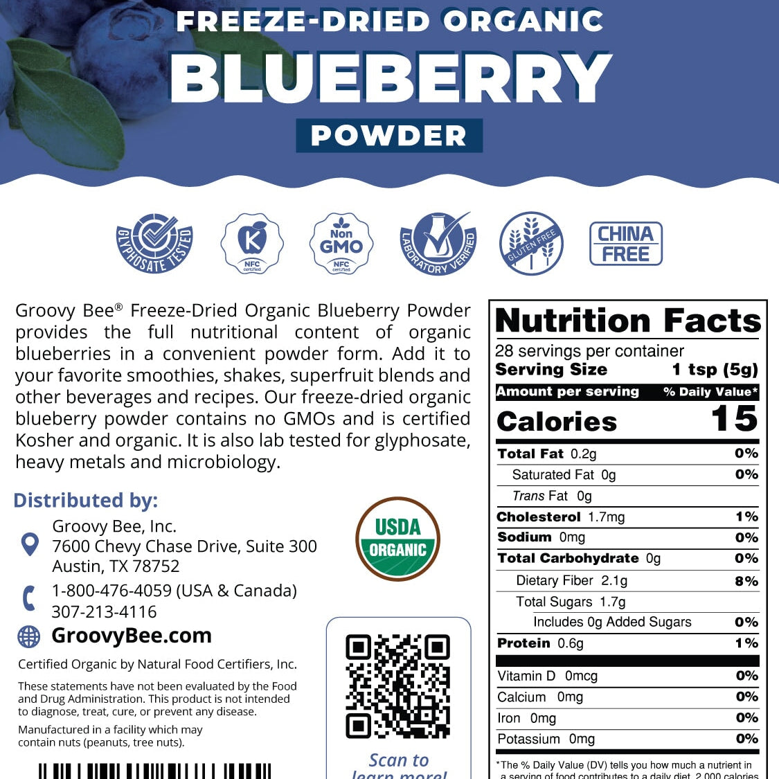 Freeze-Dried Organic Blueberry Powder 5oz (141g) Smoothies Brighteon Store 