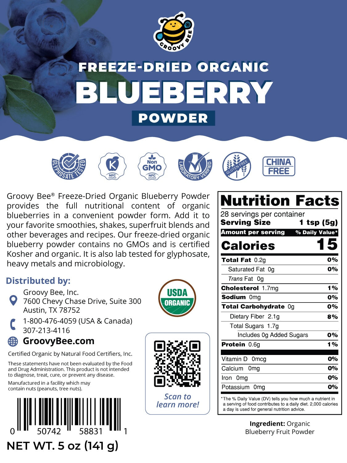 Freeze-Dried Organic Blueberry Powder 5oz (141g) Smoothies Brighteon Store 