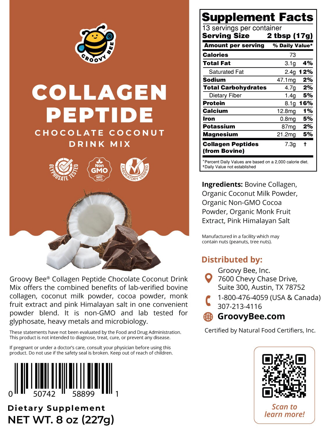 Collagen Peptide Chocolate Coconut Drink Mix 8oz (227g) Collagen Brighteon Store 