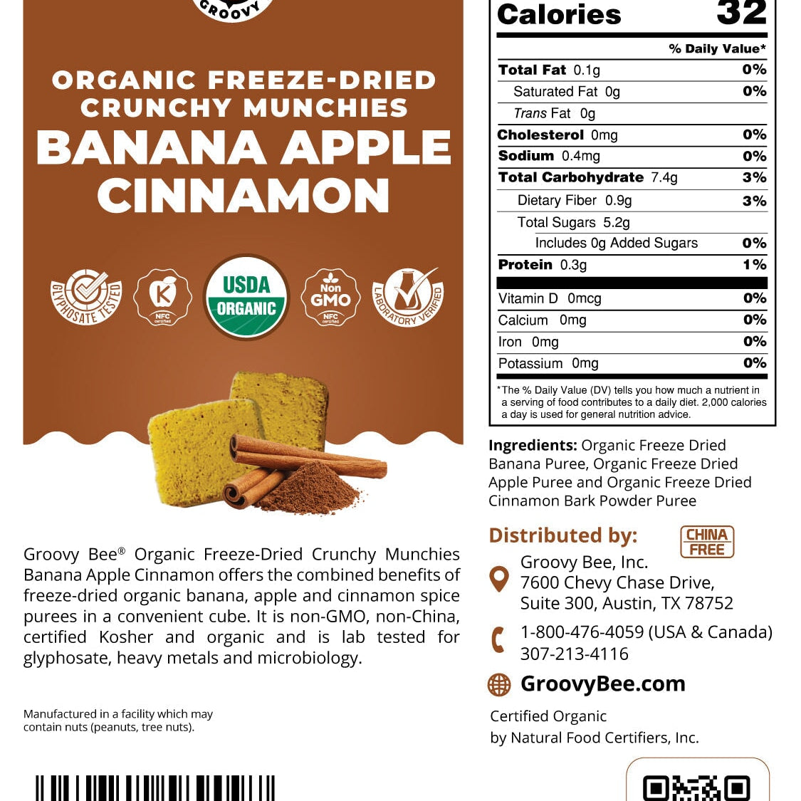 Organic Freeze-Dried Crunchy Munchies Banana Apple Cinnamon 2oz (57g) Snacks Brighteon Store 