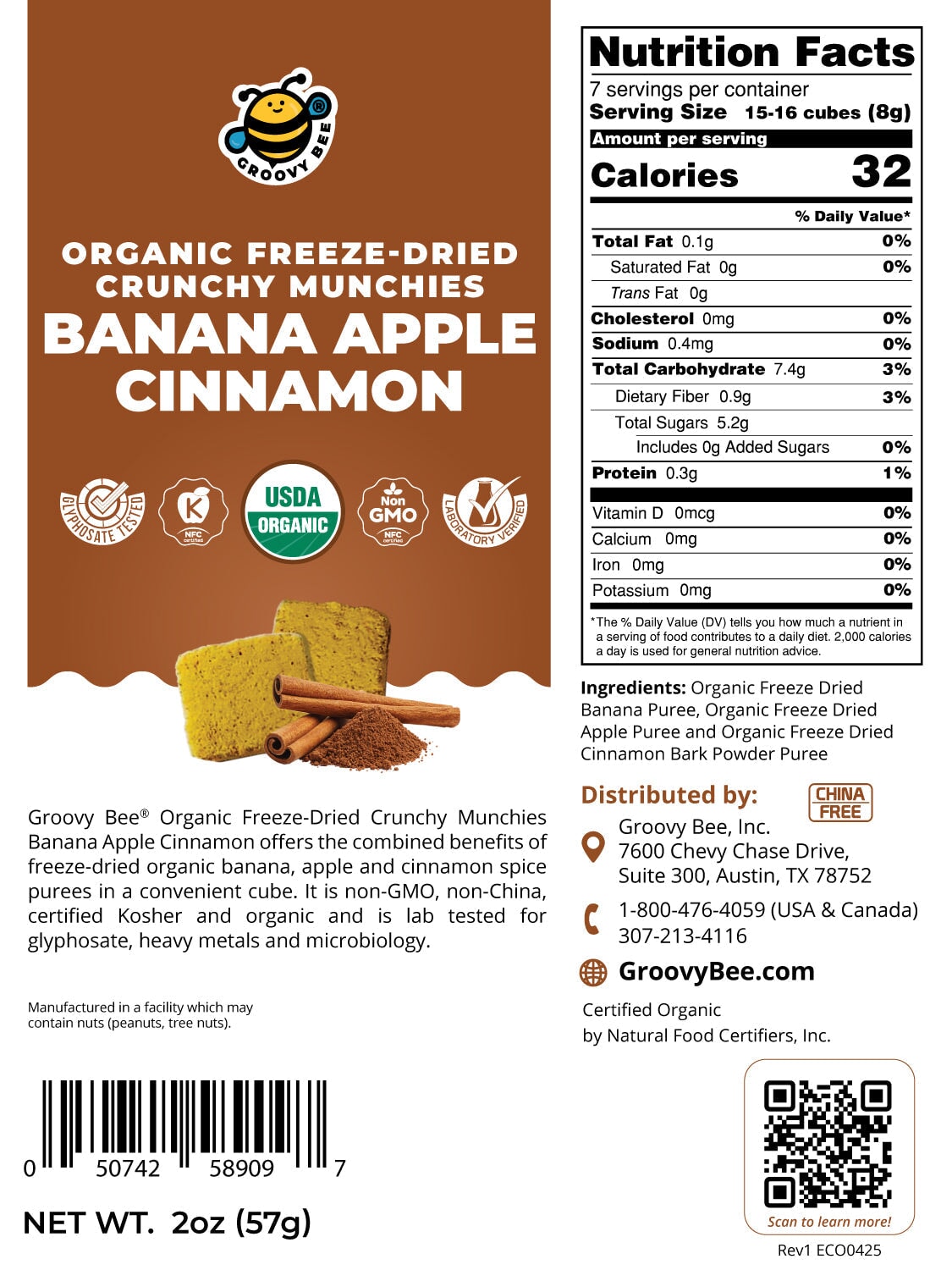 Organic Freeze-Dried Crunchy Munchies Banana Apple Cinnamon 2oz (57g) Snacks Brighteon Store 