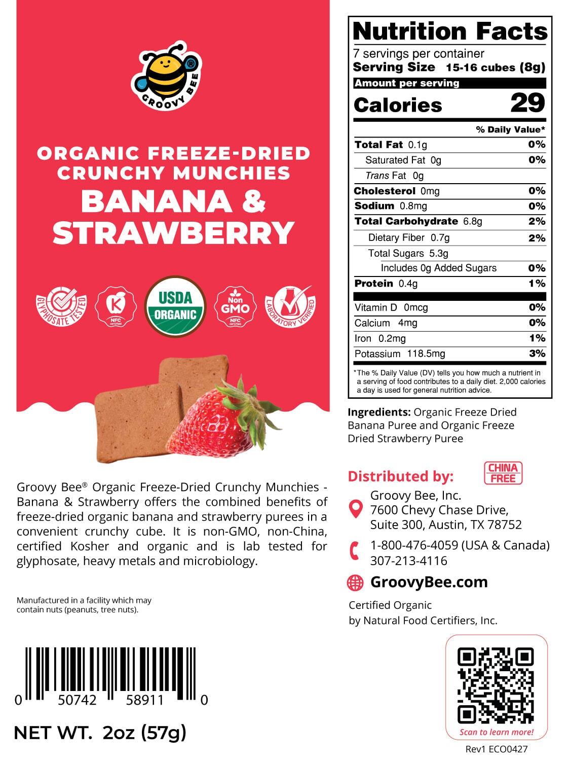 Organic Freeze-Dried Crunchy Munchies Banana and Strawberry 2oz (57g) Snacks Brighteon Store 