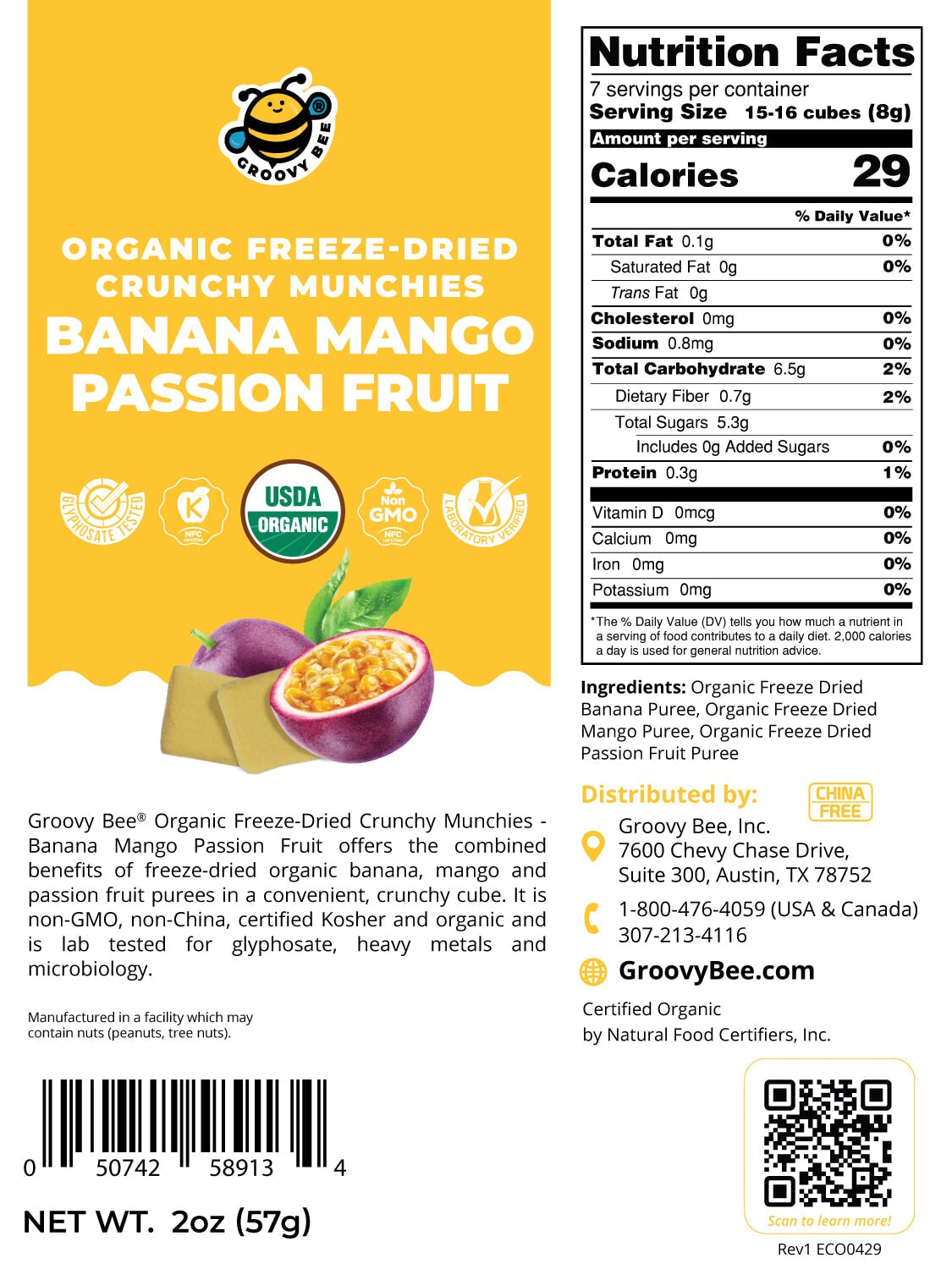 Organic Freeze-Dried Crunchy Munchies Banana Mango Passion Fruit 2 oz (57g) Snacks Brighteon Store 